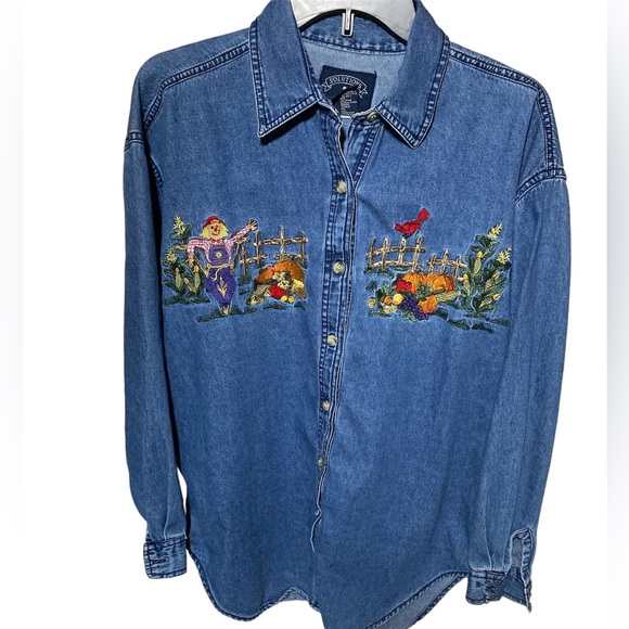 Solutions Tops - Women’s Denim Embroidered Fall Theme Button Down Long Sleeve Top